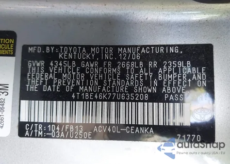 2007 Toyota Camry Le из США, поврежденный, VIN 4T1BE46K77U635208